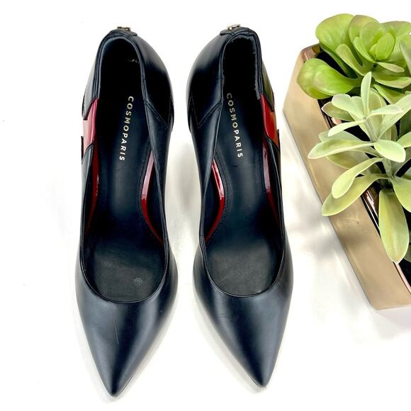 Cosmoparis Stiletto Heel Pump Sz 8 Black & Red Leather Closed Pointed Toe Padded - Picture 13 of 16